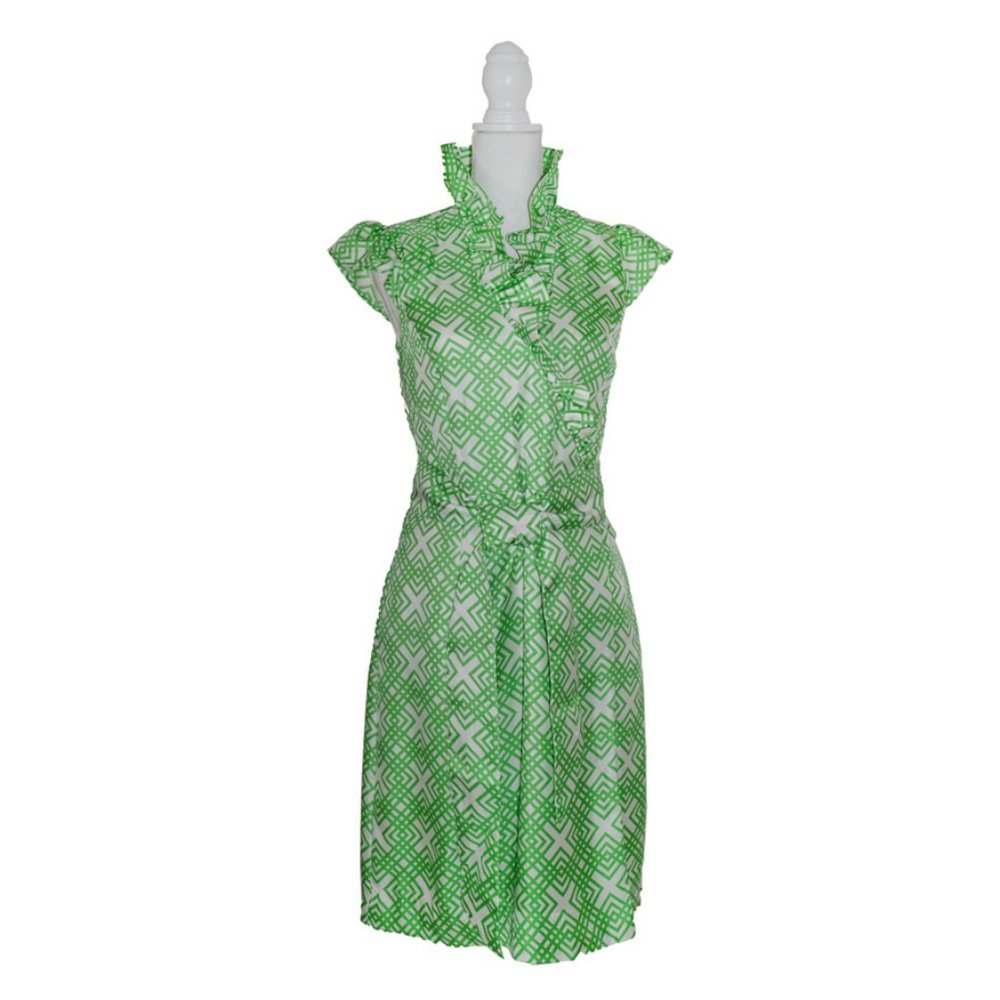 Elizabeth McKay 100% Silk Green & White Ruffle-Trimmed Wrap Dress